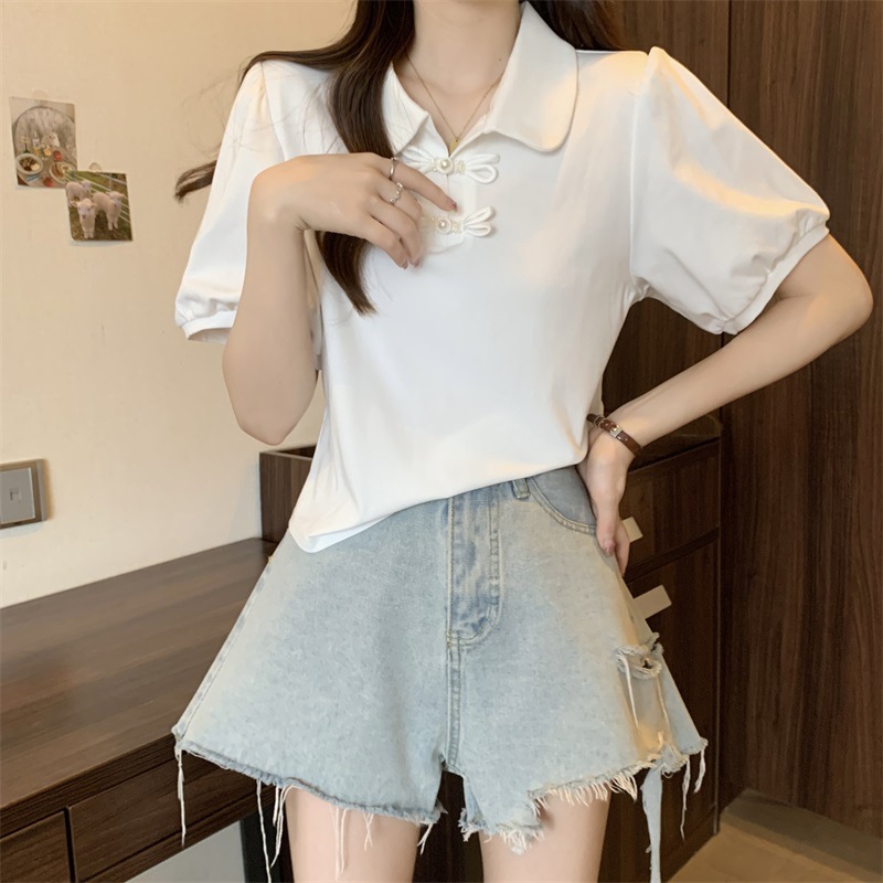 正肩Polo领短袖T恤女夏季大码胖mm显瘦新中式国风上衣泡泡袖小衫详情5