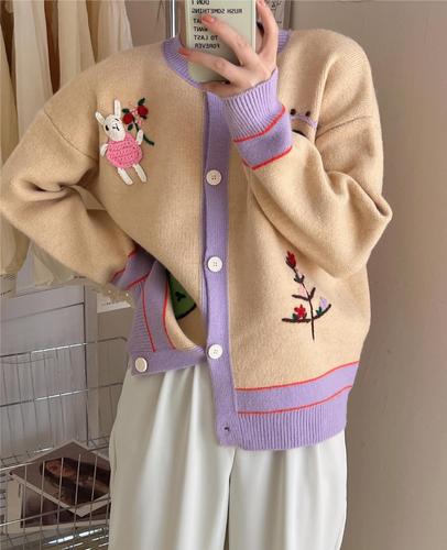 撞色针织开衫上衣女2022秋冬新款宽松慵懒风外穿软糯毛衣外套女装详情8