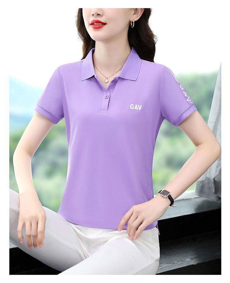 夏季新款短袖t恤女翻领大码宽松休闲中年妈妈POLO衫纯色运动上衣详情21