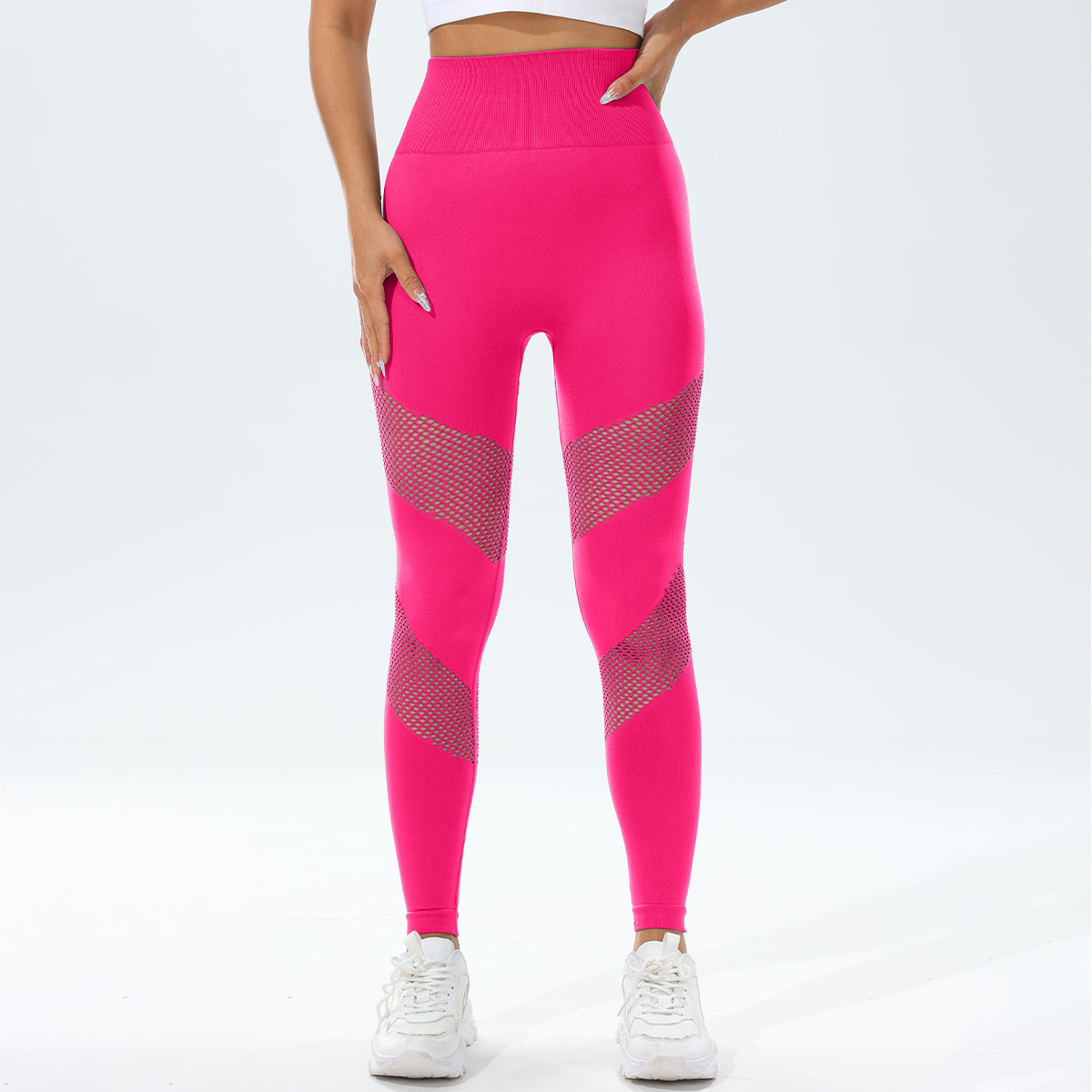 欧美跨境镂空瑜伽裤网孔透气无缝弹力高腰性感提臀运动健身裤女详情24