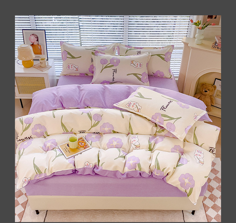 New pure cotton brushed four-piece set, fresh and thick bed sheet and duvet cover, student washed cotton three-piece set bedding pic 19