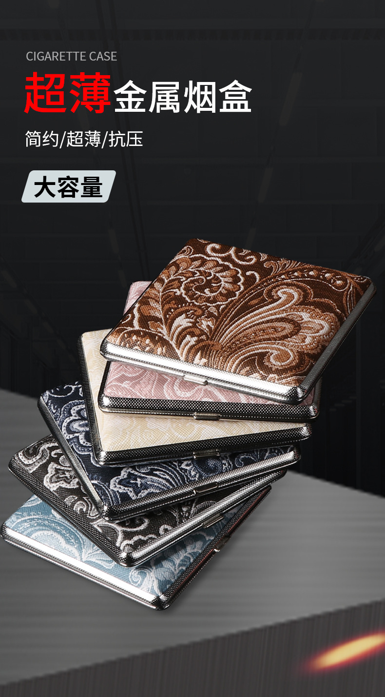 Hot-selling classic leather-textured and rubber-reinforced thick 20-piece cigarette box for men, portable and lightweight metal veneered cigarette box pic 1