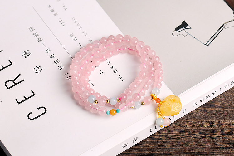 Natural Madagascar jelly rose crystal bracelet, soft pink color, wrapped three times, hanging beeswax peace lock bracelet, sent by proxy pic 6