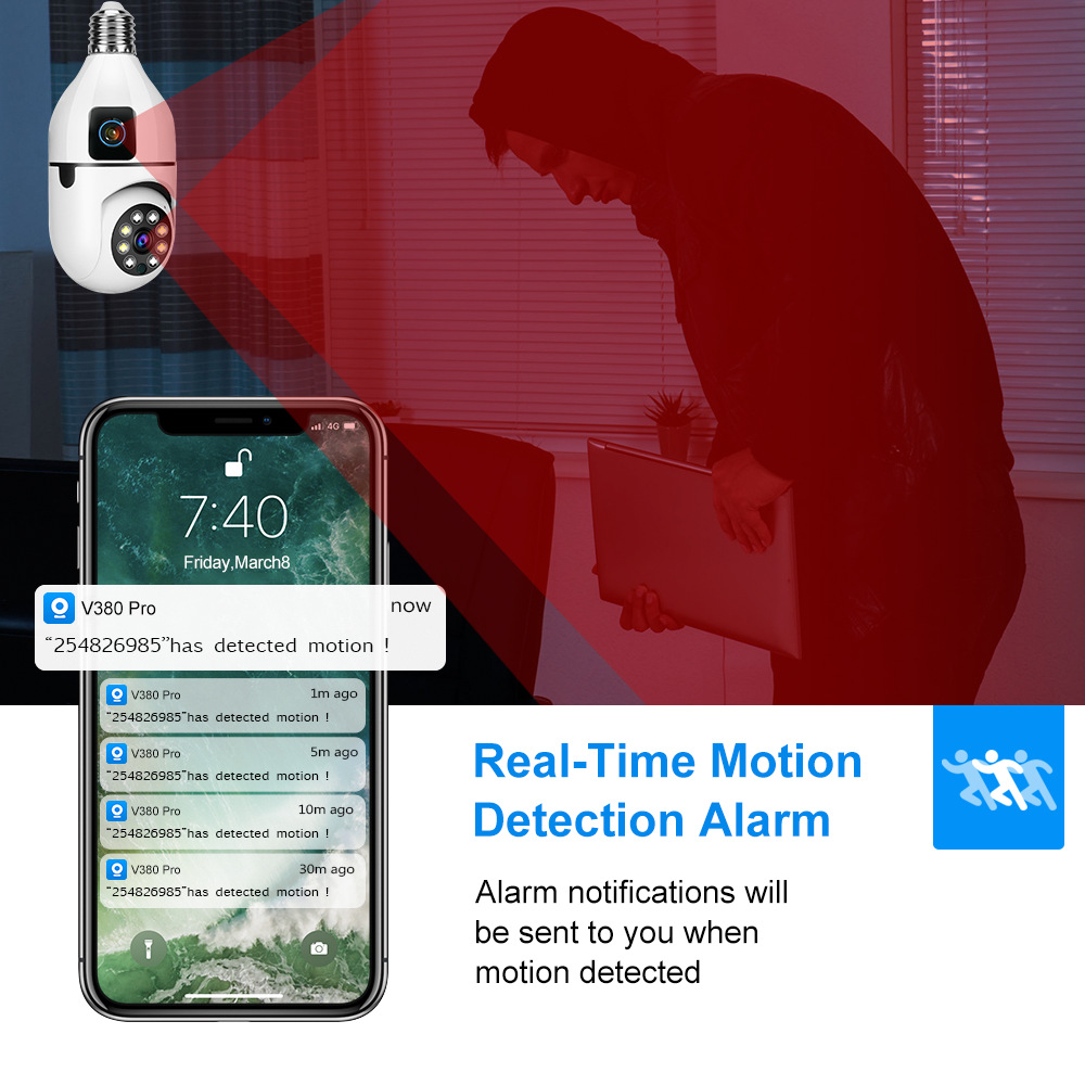 New dual-eye wireless bulb camera factory wholesale WIFI panoramic pan-tilt home indoor lamp socket monitor pic 3