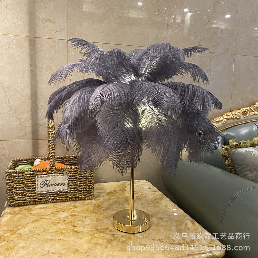 Rechargeable ostrich feather desk lamp, bedroom bedside lamp, creative Nordic light luxury romantic night lamp, warm decorative desk lamp pic 19