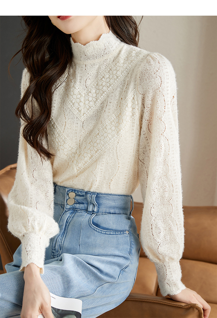 法式米杏色雪纺蕾丝衫女早秋2022年新款淑女花边小立领长袖上衣女详情15