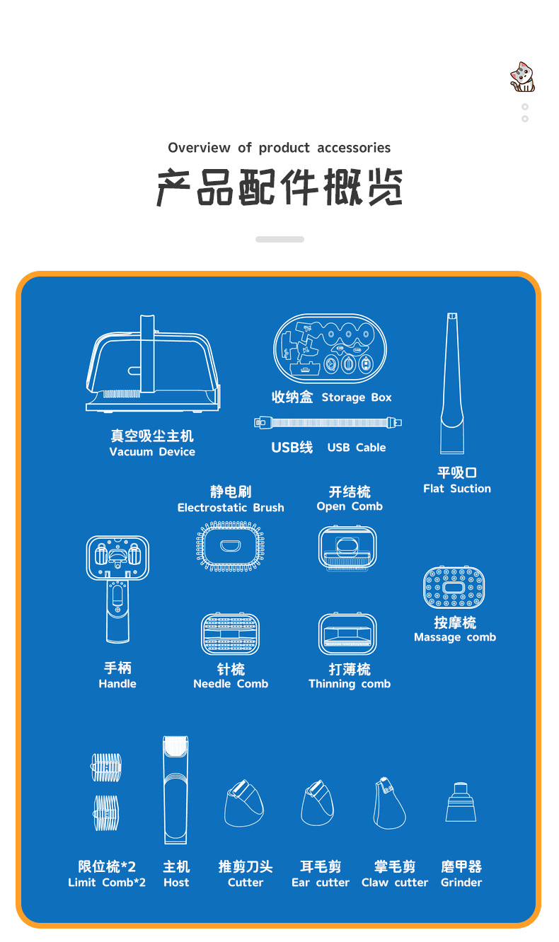 科美/KEMEI新款多功能宠物毛发修剪器套装磨甲吸毛猫狗美容按摩机KM-CW2097详情10