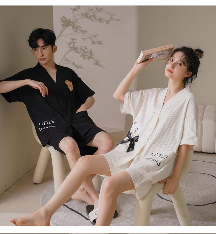 Chun baifen cute pareja pijama mujer de verano manga corta pantalones cortos cardigan hombre trajes casuales ropa casera usable exterior pic 12