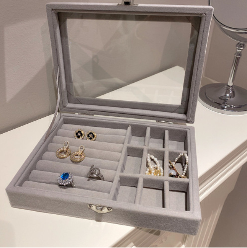 ins Dust-proof and window-opening jewelry box with cover, transparent velvet ring, necklace and earrings storage box pic 1