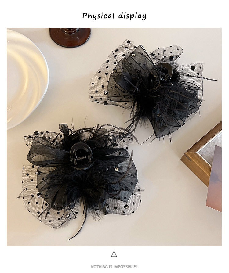 Summer new double-sided feather mesh bow clip, sequined princess on the run hair clip, black lace shark clip pic 13