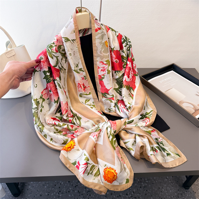 韩版薄款印花仿真丝丽锦缎防晒多彩花卉丝巾长巾披肩百搭头巾围巾详情11