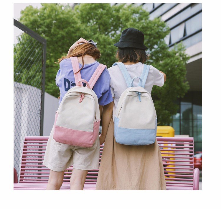 Factory wholesale of college-style, fresh, artistic, simple and versatile canvas backpacks, color-matched schoolbags for middle school best friends pic 12