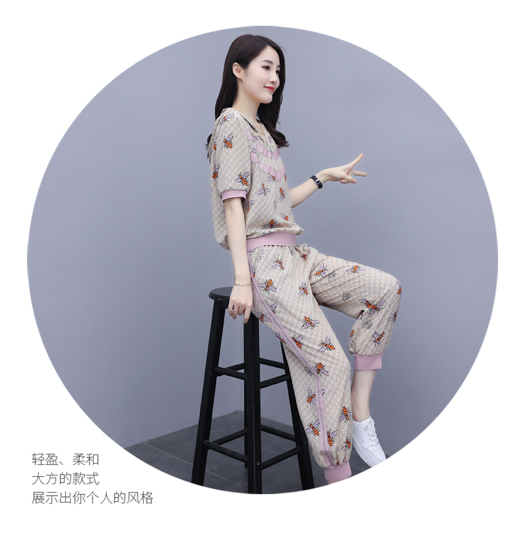 时尚套装女2022年夏季新款韩版宽松印花连帽上衣休闲小脚裤两件套详情10