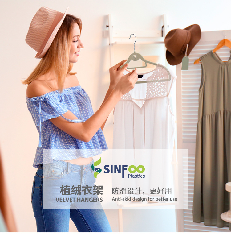 厂家批发家用多功能带挂钩植绒衣架加粗款无痕防滑天鹅绒衣服架子详情1