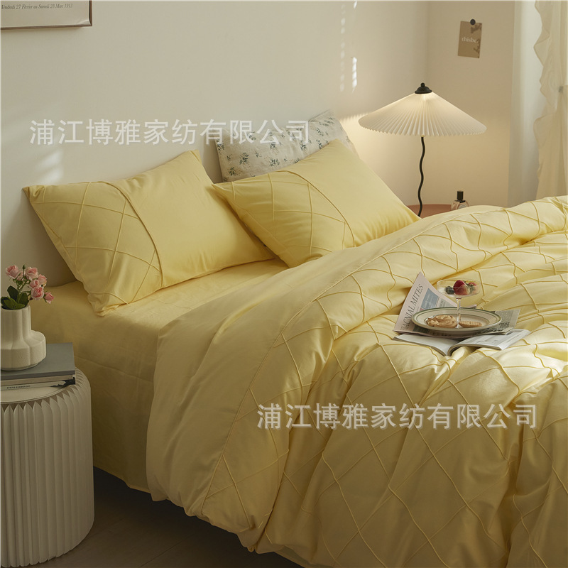 Wholesale of high-quality three or four-piece sets of washed cotton 40-count hand-knitted rhombus-shaped checkered plain pure cotton bedding pic 33