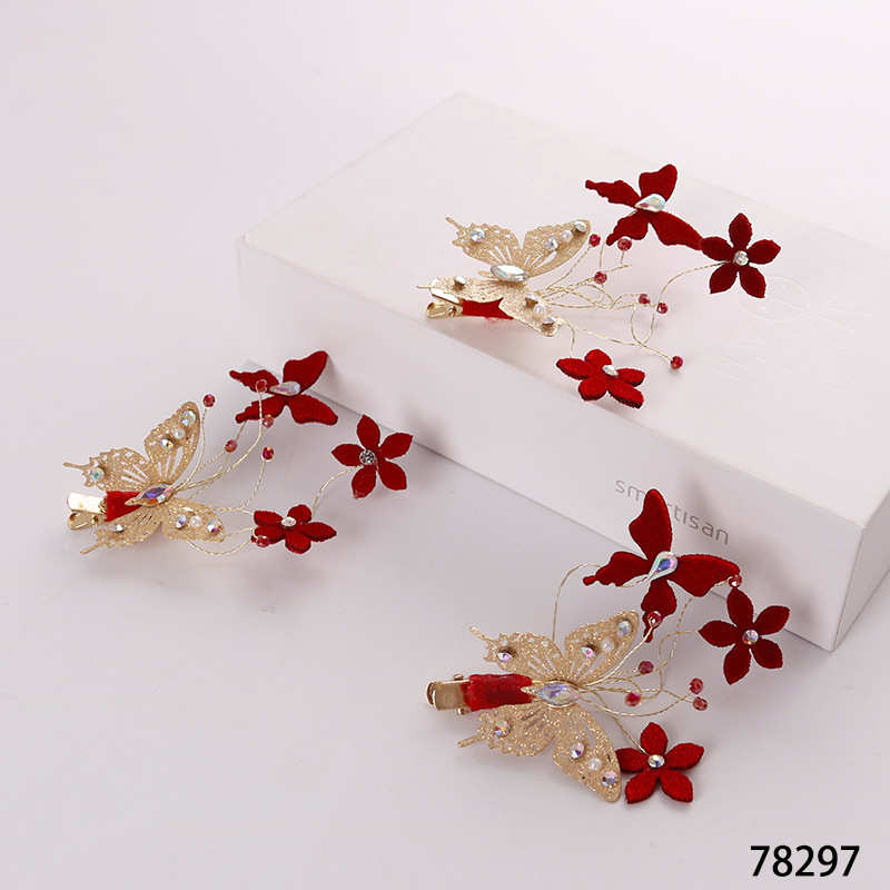 New large red hair clips from Japan and South Korea, Chinese-style bride headwear, wedding toasting attire, with diamond-encrusted butterfly-shaped clip accessories at the side pic 18