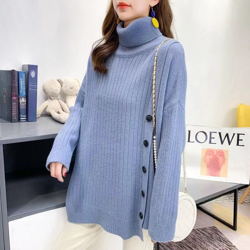 A new Korean style high-neck sweater for women in the autumn and winter of 2023, a loose and laid-back mid-length irregular knitted top pic 18
