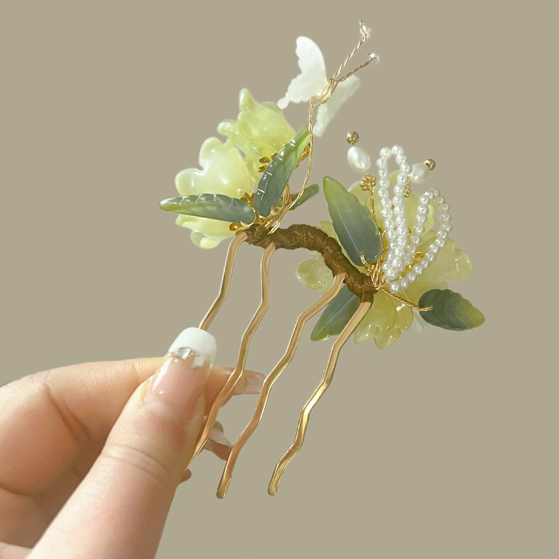 国潮国风古风绿色芍药发梳新中式缠花发饰头饰头花女汉服配饰插梳秀禾梳子详情7