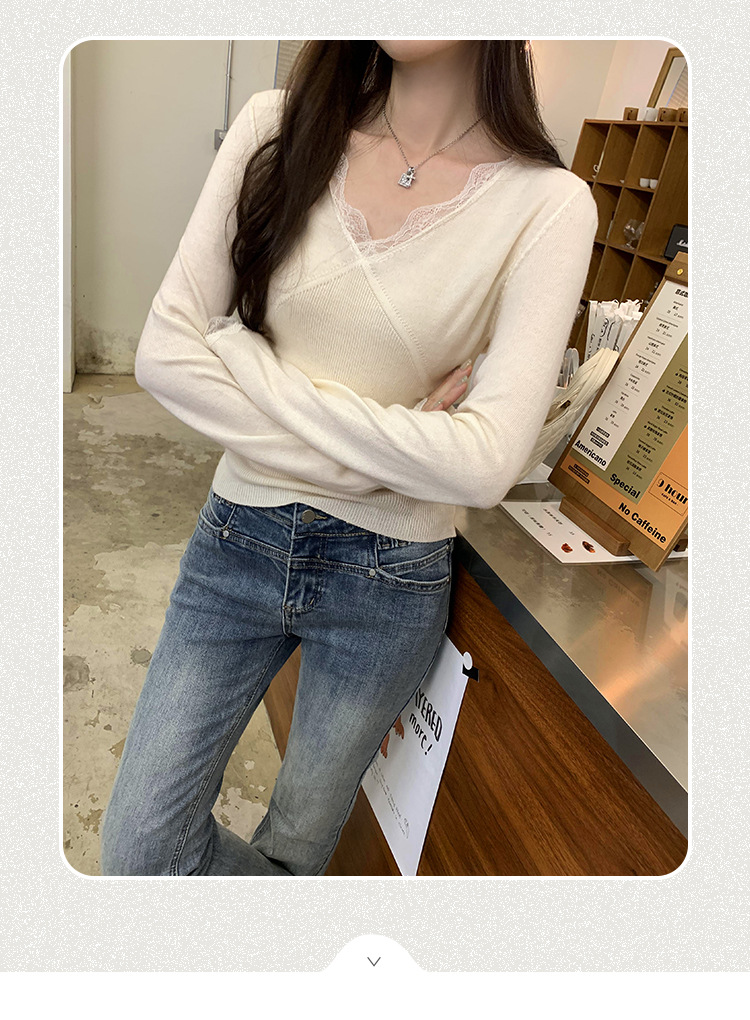 European lace patchwork, elegant long-sleeved wool knitted base layer, Korean-style autumn and winter stylish and unique top for women pic 2