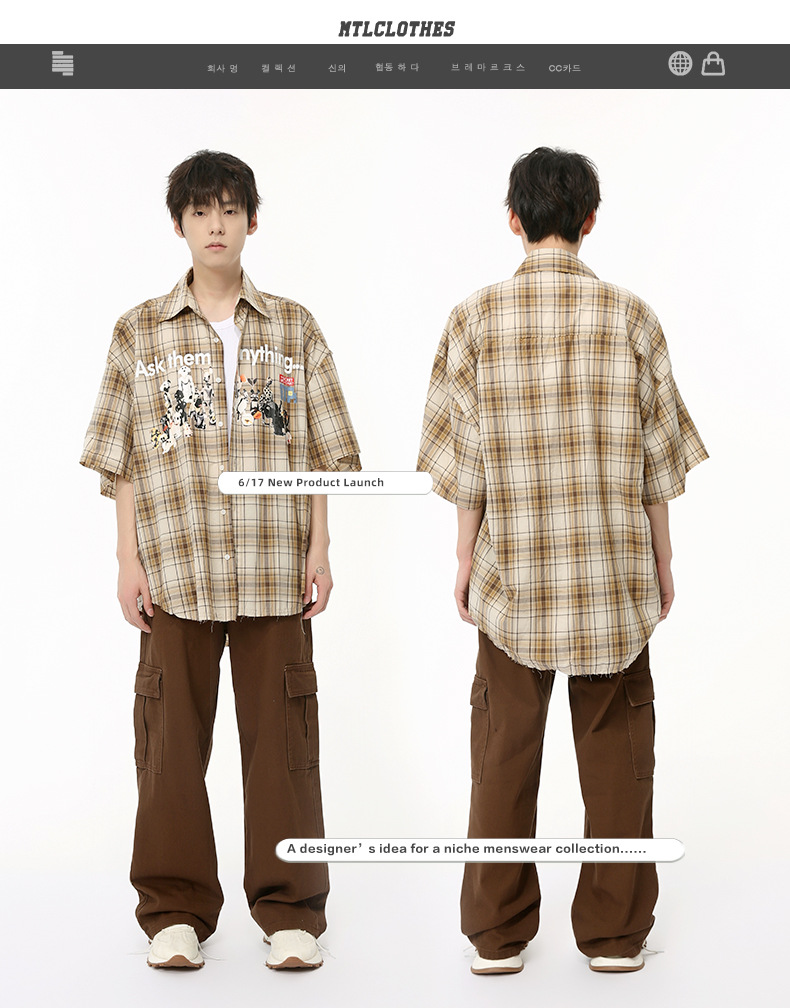 MTLCLOTHES男装|2024夏款新品 小众趣味复古卡通印花格子衬衫休闲详情2