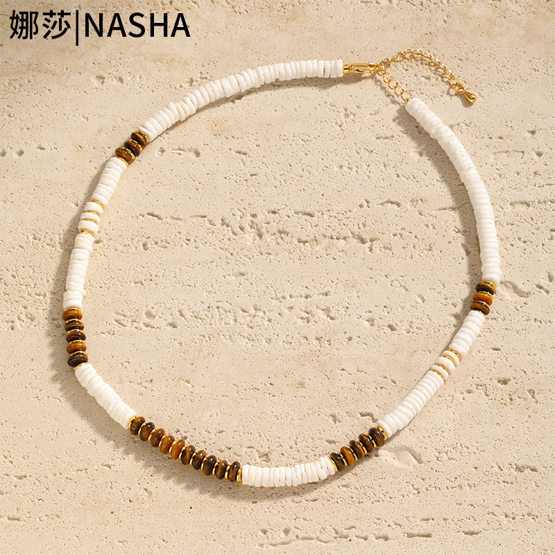 娜莎首饰套装美拉德风巴洛克珍珠贝壳虎眼石串珠项链耳环饰品套装详情16