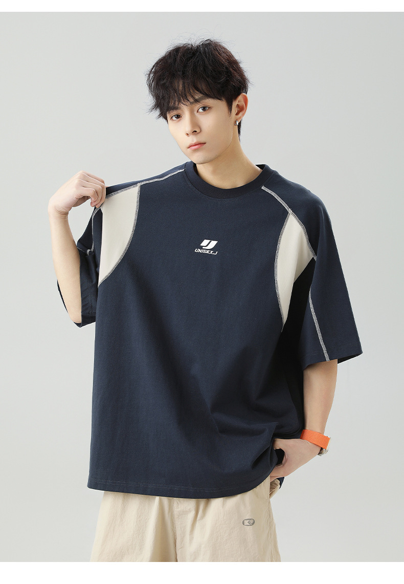 Retro embroidered pure cotton short-sleeved T-shirt for men, a new summer style with contrasting colors and bright thread patchwork design, an American trendy brand T-shirt pic 12