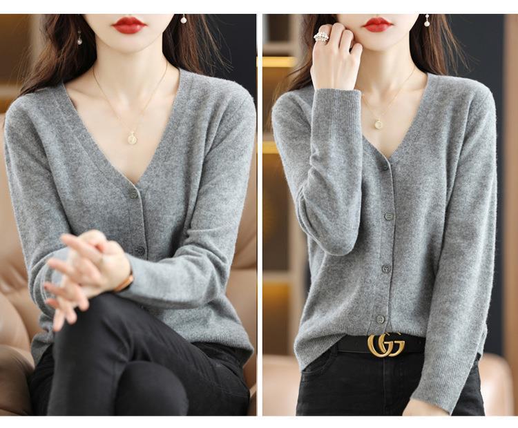 New Spring and autumn knitted cardigan for women, V-neck loose short solid color long-sleeved versatile sweater coat made of wool blend pic 65