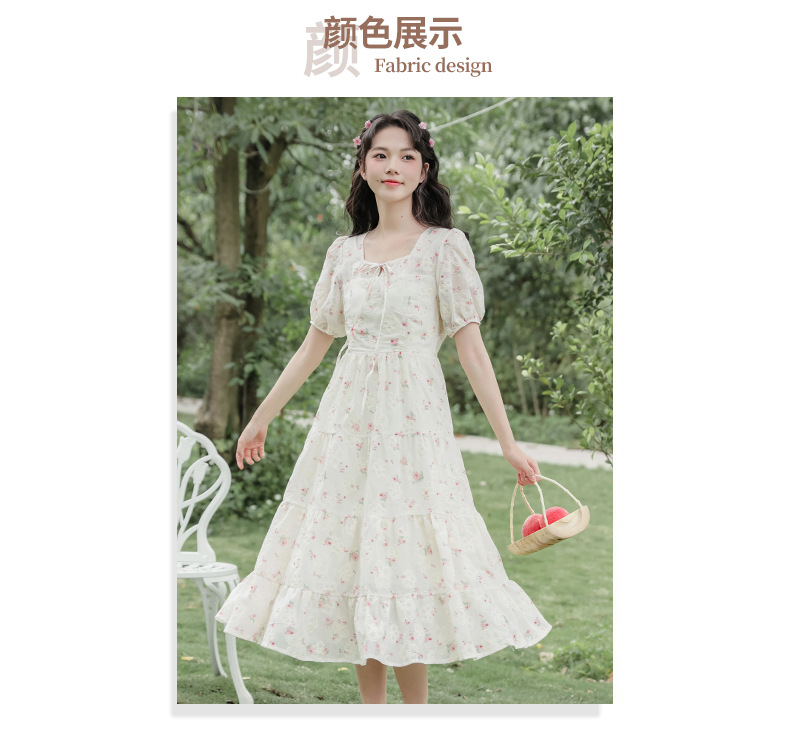 One-piece delivery 2024 Summer new French niche style floral print short-sleeved dress with sweet embroidery and printing pic 5