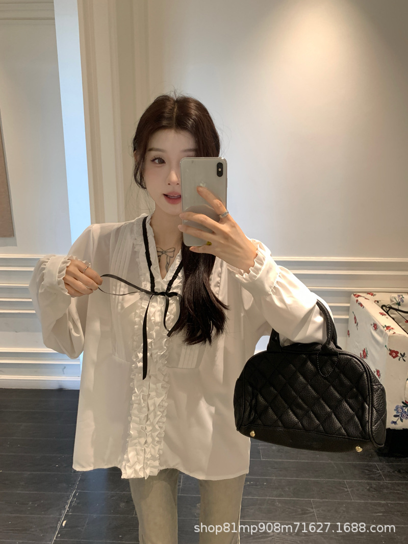 法式千金早春压褶小众气质名媛甜美系带蝴蝶结衬衫女长袖白衬衣女详情11