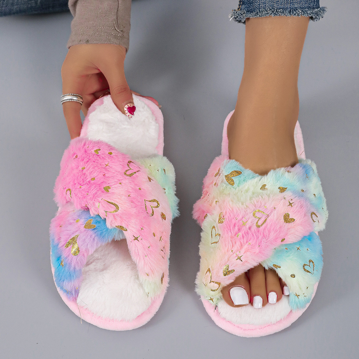 亚马逊交叉彩色毛毛绒拖鞋2024秋冬新款室内保暖棉鞋漏趾毛毛拖鞋详情1