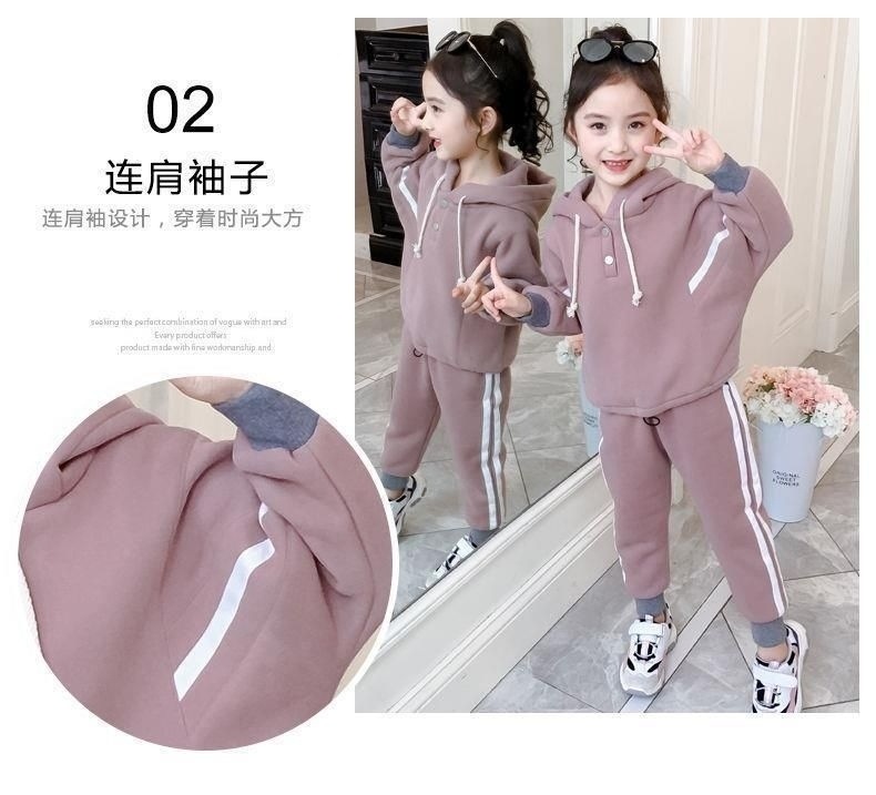 外贸加绒秋冬季2022新款儿童女童服装拼接连帽卫衣套装两件套批发详情5