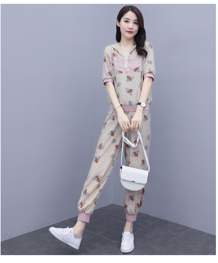 时尚套装女2022年夏季新款韩版宽松印花连帽上衣休闲小脚裤两件套详情11