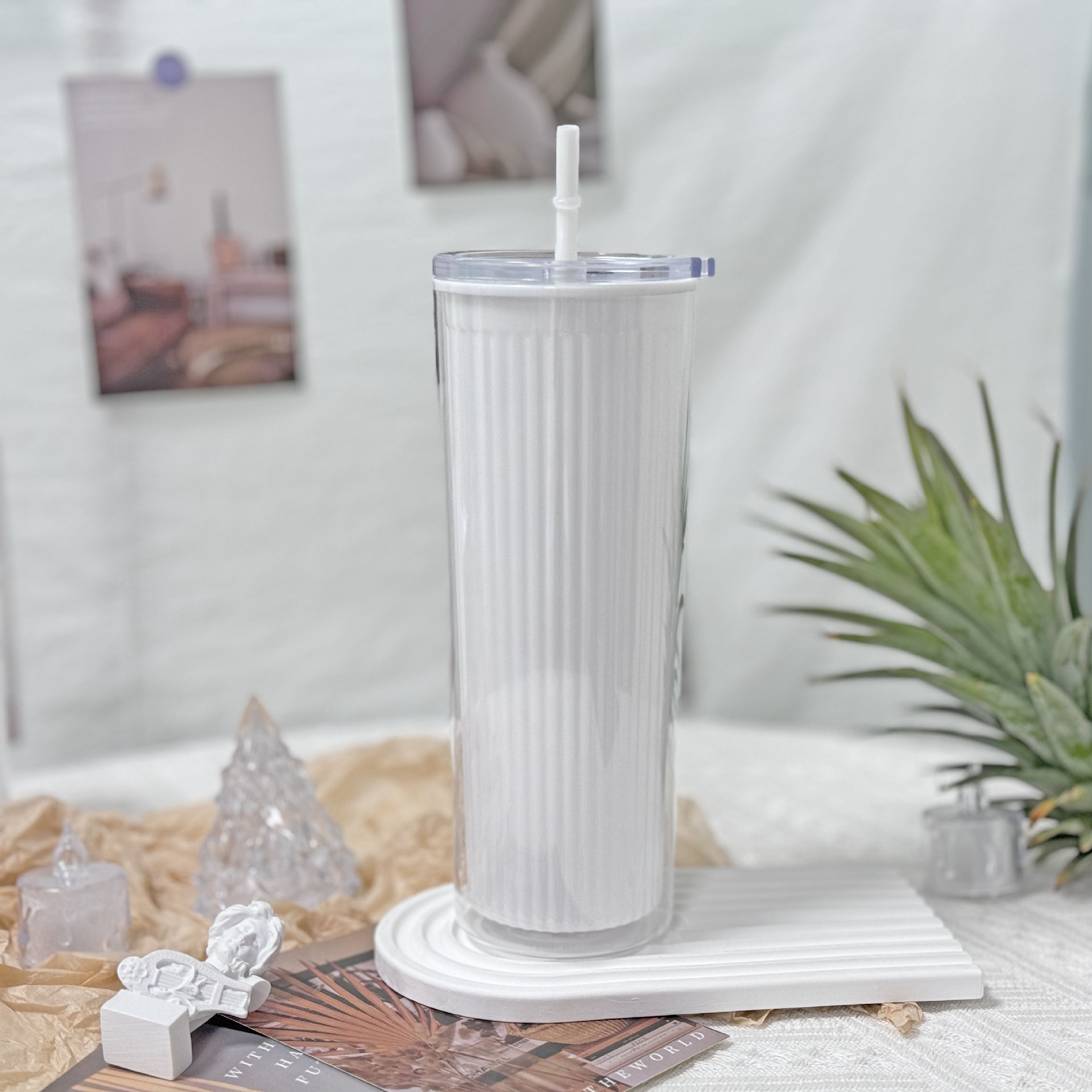 Wholesale of new summer internet-famous couple cups, plastic straw cups, and large-capacity plastic water cups for export with vertical patterns and straight bodies pic 18