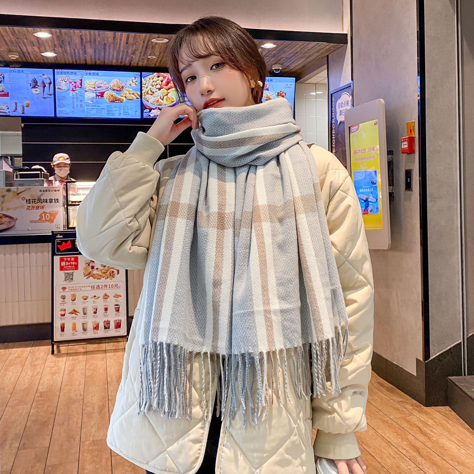 Korean-style thickened beauty line checkered scarf for women, long and warm printed faux cashmere tassel scarf shawl for autumn and winter pic 23
