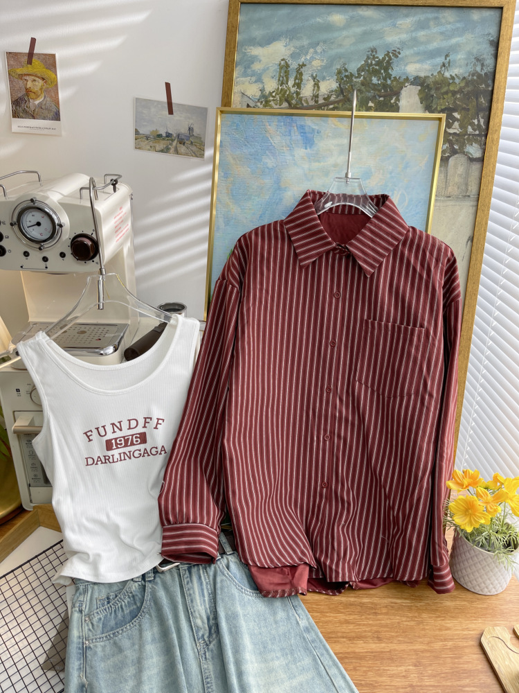 Dongdaemun, South Korea, early autumn new Korean-style vertical striped long-sleeved shirt for women, loose and casual, stylish shirt trend 4730 pic 10