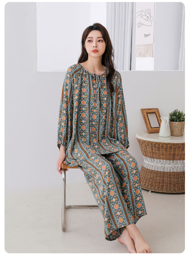 40支棉绸睡衣女士宽松国风灯笼袖高级感人棉长袖长裤家居服套装详情9