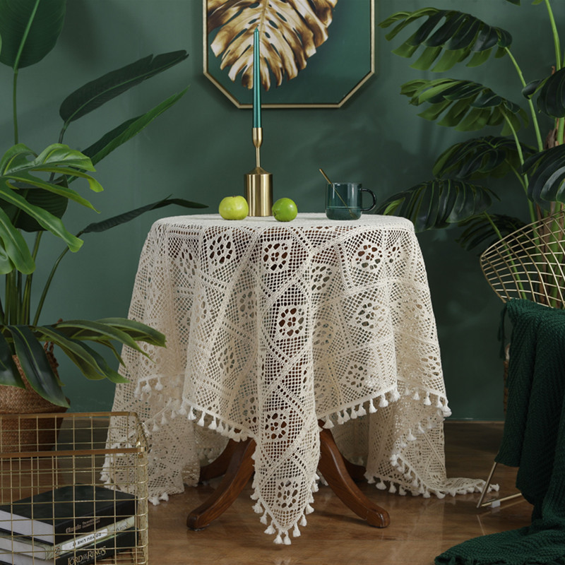 American country-style handcrafted crochet tassel tablecloth with geometric rhombus-shaped hollowed-out decorative fabric as a shooting prop pic 27
