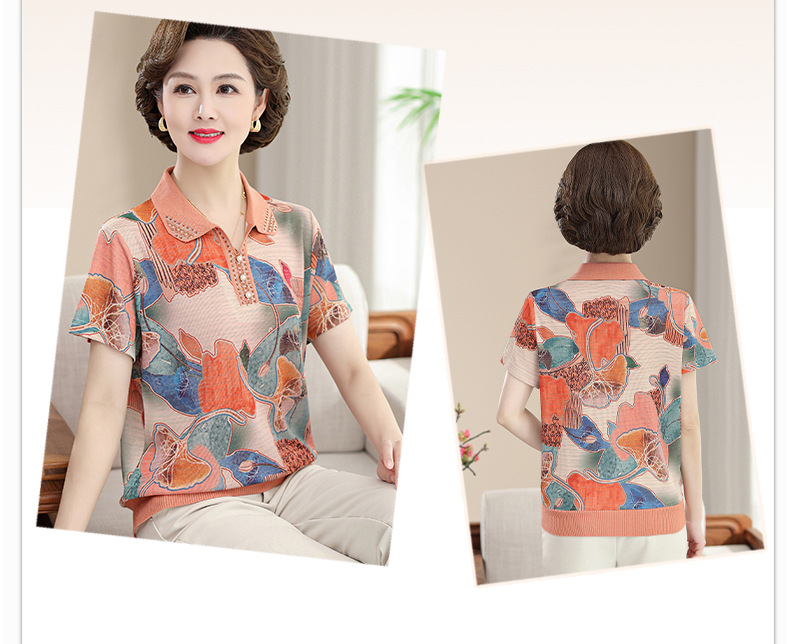 洋气妈妈装夏季短袖翻领T恤中老年人夏装宽松大码时尚印花小衫薄详情45