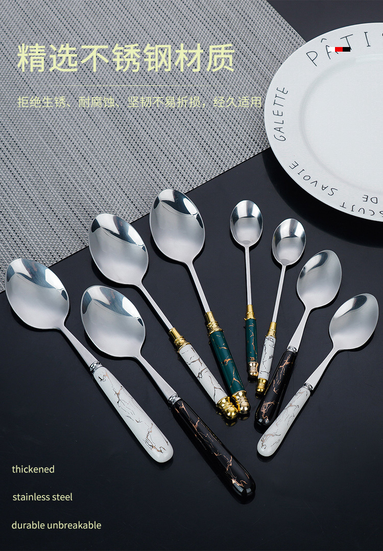 跨境不锈钢餐具陶瓷手柄勺子24件套北欧墨绿酒店牛排刀收纳架礼盒详情4