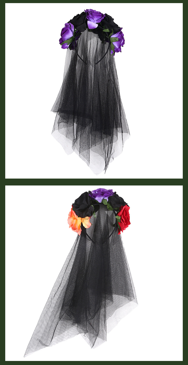 欧美风格万圣节派对专用暗黑女巫装扮发箍 红黑玫瑰花朵头纱亡灵节头扣 配饰围巾详情10