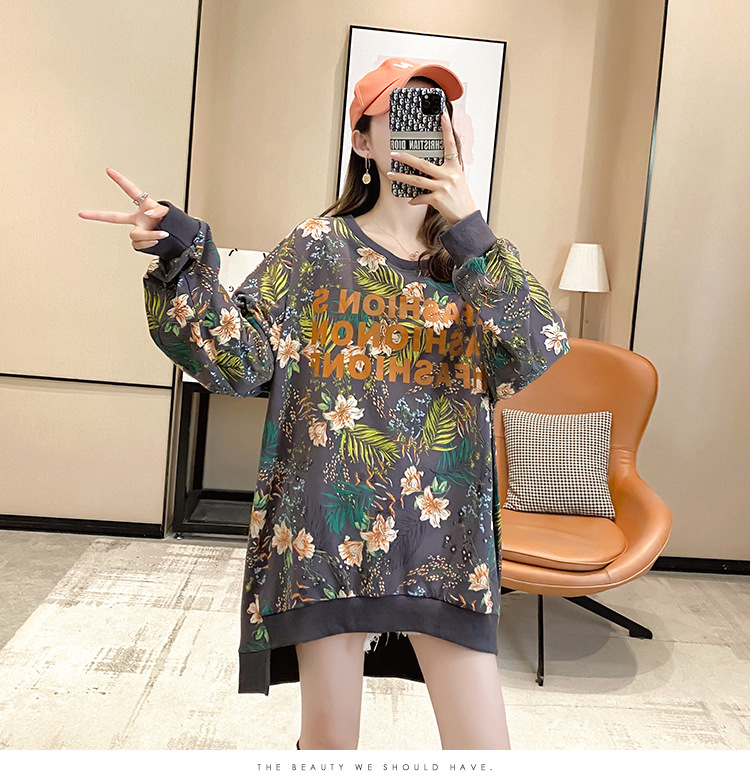 批发2020秋季大码宽松中长款套头薄款T恤上衣时尚洋气卫衣女潮详情26