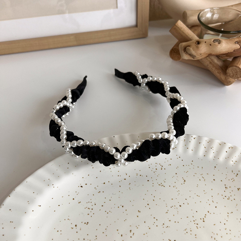 French elegant black hairband, sweet pearl braided hairpin, knitted height-increasing headband, wide-edge hairpin for women pic 45
