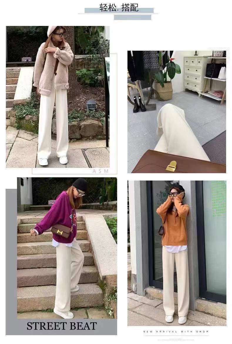 Otoño invierno 2022 pantalón de pierna ancha mujer casual holgada cintura alta con sensación de caída pantalón mop con fleece y espesor negro apricot pantalones rectos mujer pic 16