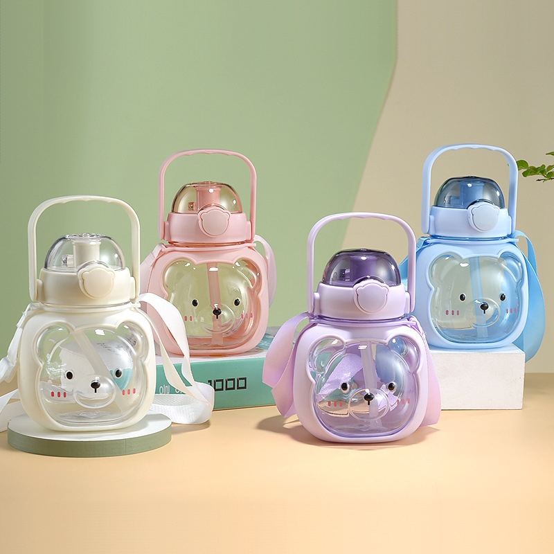 Wholesale of cute silicone-covered bear cups, anti-scald water cups, large-capacity water bottles for children, and double-drinking plastic cups pic 1
