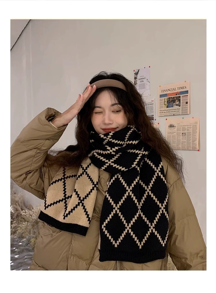 围巾女秋冬款韩版格子双面菱形围巾情侣高档百搭毛线围脖双面保暖详情12