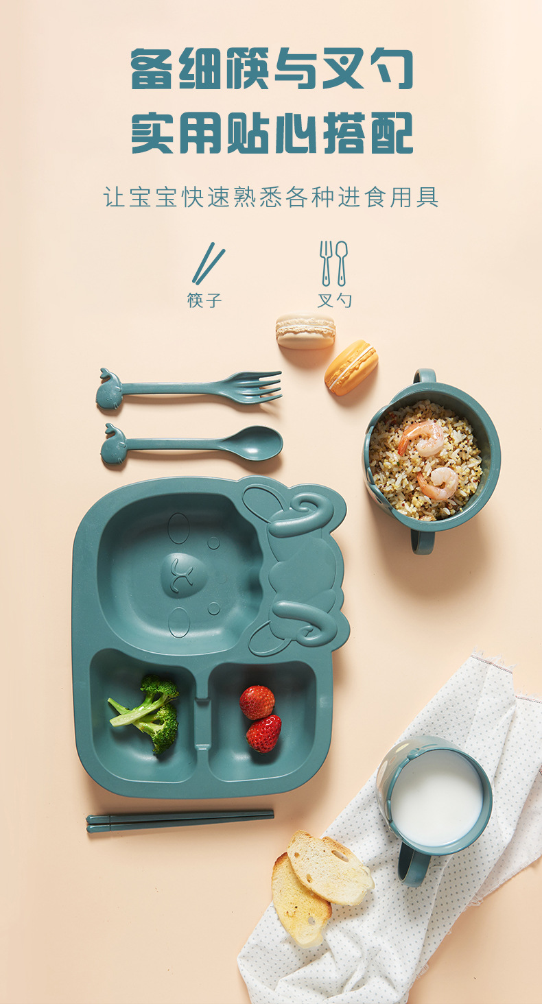 创意卡通碗勺叉杯子五件套儿童餐具竹纤维儿童分格餐盘餐具套装详情7