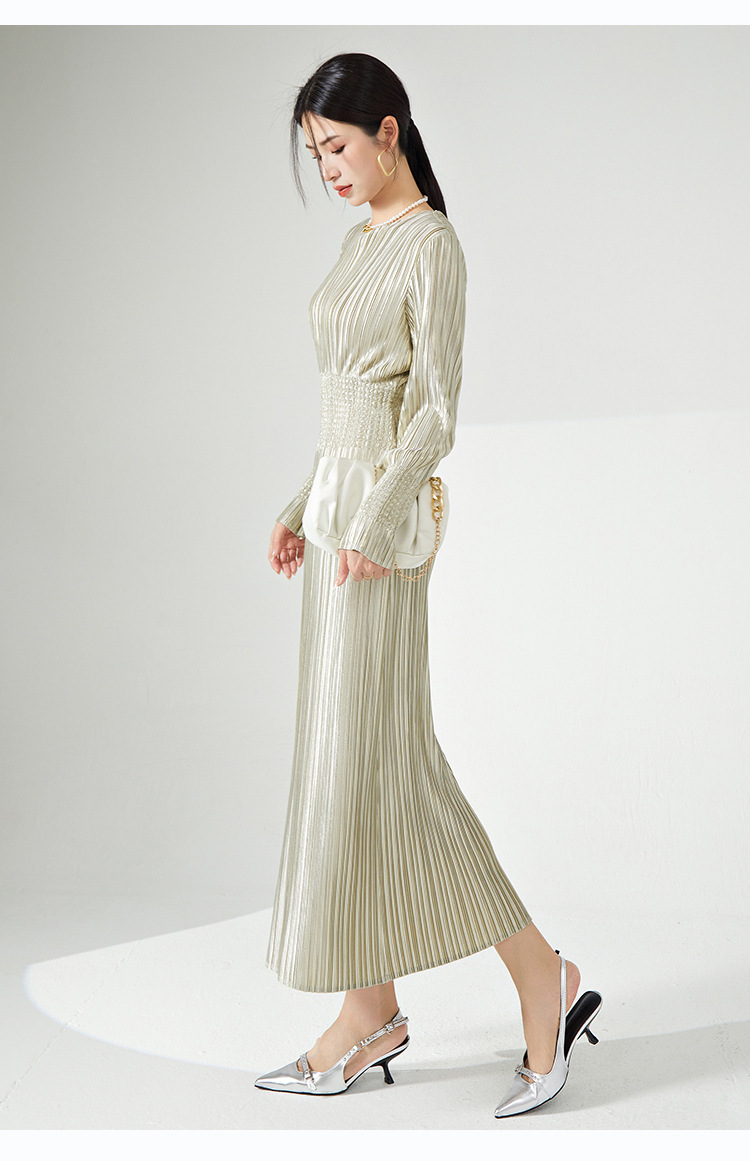 高档礼服三宅时尚连衣裙热卖新款法式收腰高弹褶皱气质优雅长裙子详情50