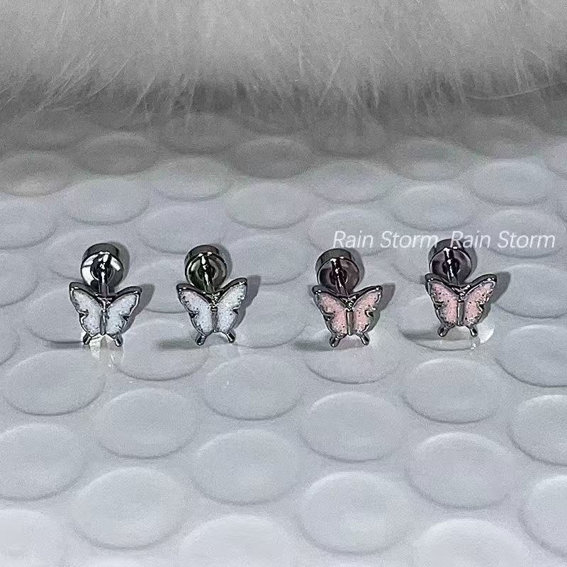 粉白蝴蝶韩版韩式平底耳骨钉钛钢拧螺丝耳蜗钉小众气质滴釉耳钉详情3