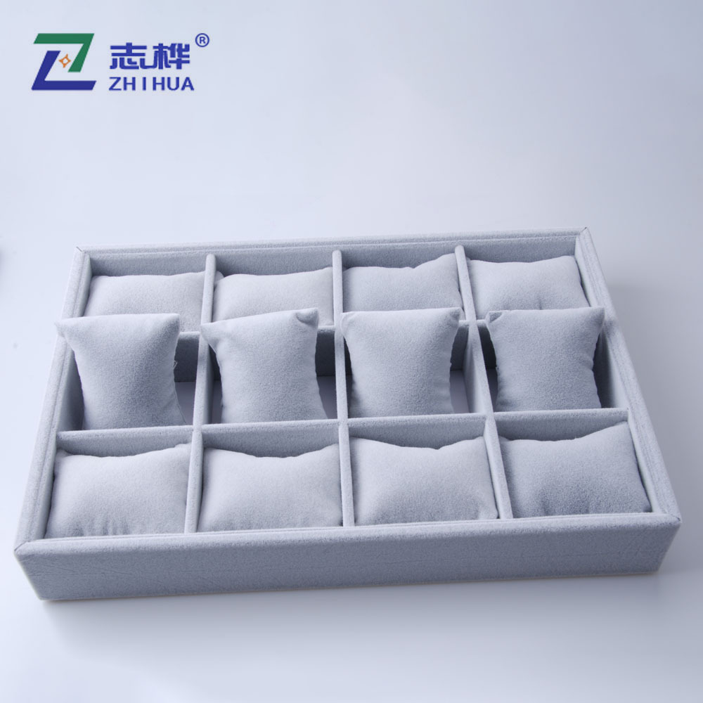 In stock: Grey plush 12-compartment velvet pillow core display box, bracelet, watch and bracelet packaging box pic 12