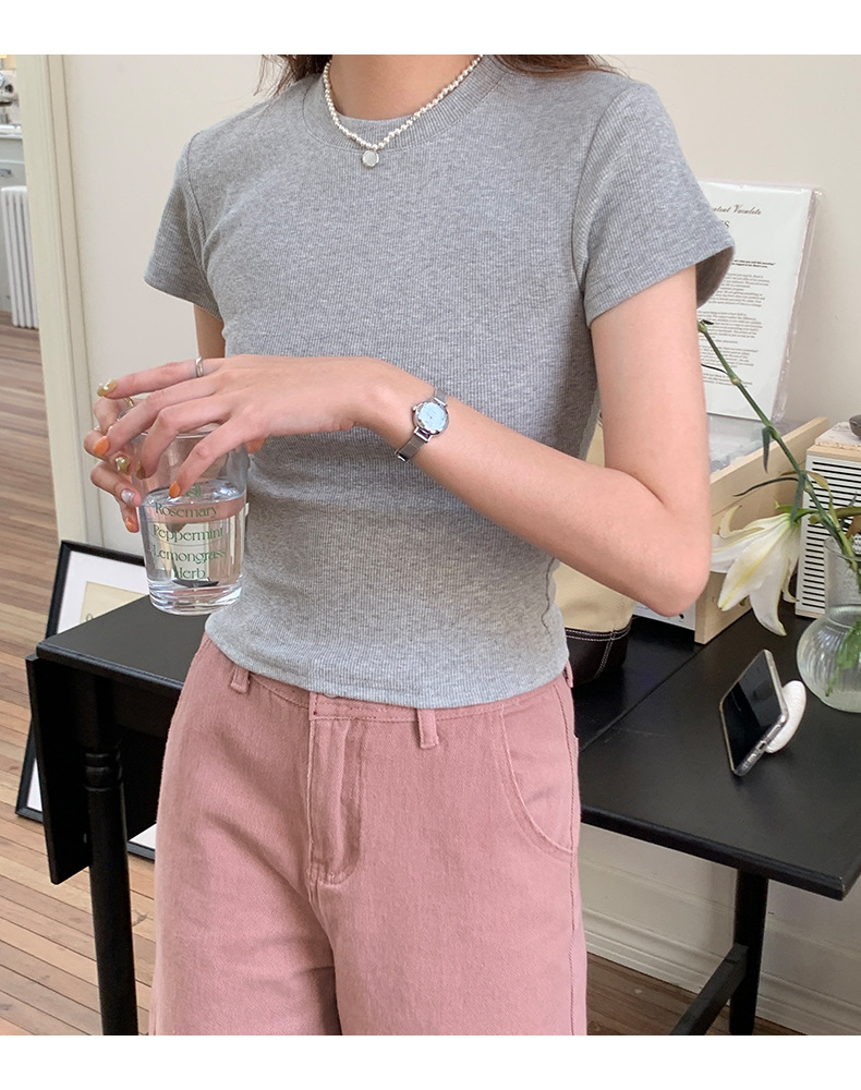 European and American style ribbed off-the-shoulder T-shirt for women, new summer style, slimming and figure-hugging, round-neck, layering short base layer pic 26